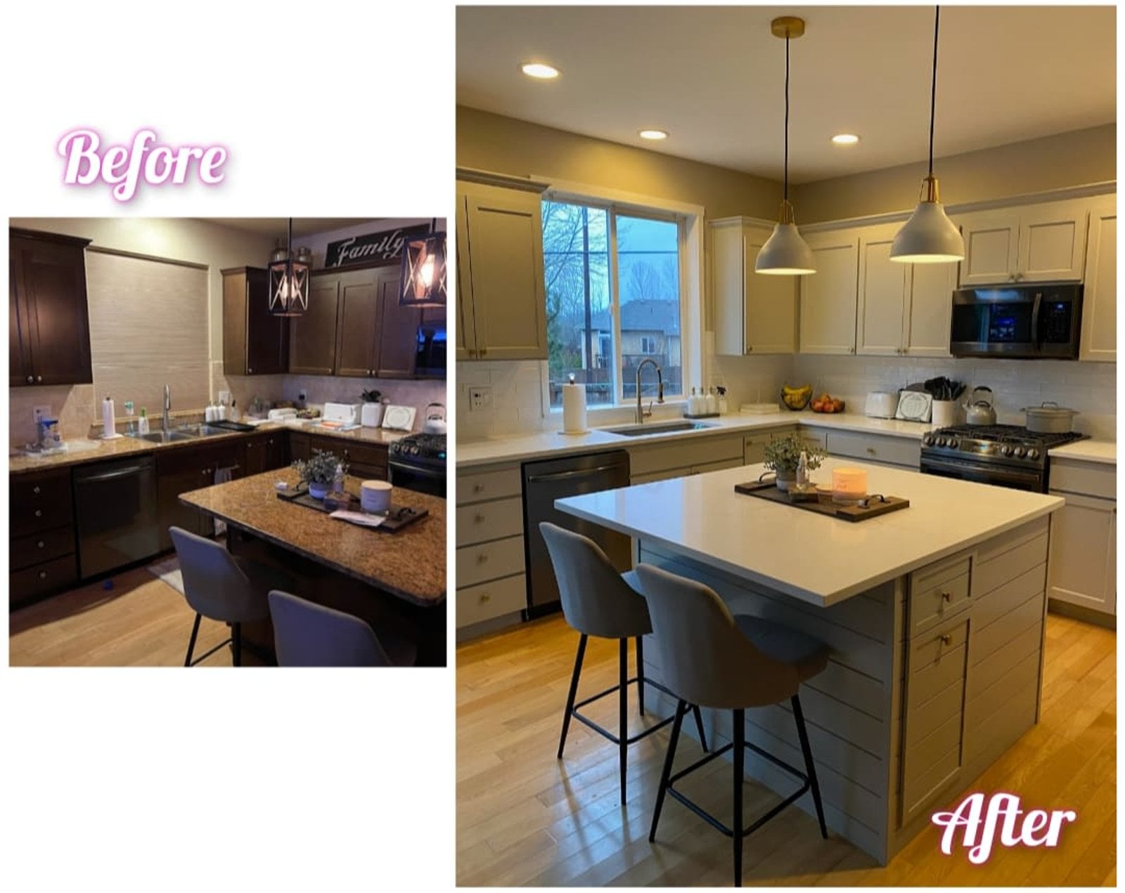 Kitchen cabinet painting in Snohomish County WA, with dark stained cabinets repainted to a bright white finish for a full update without replacement